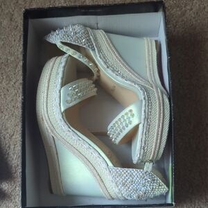 Chic Beaded Cream Wedge Sandals